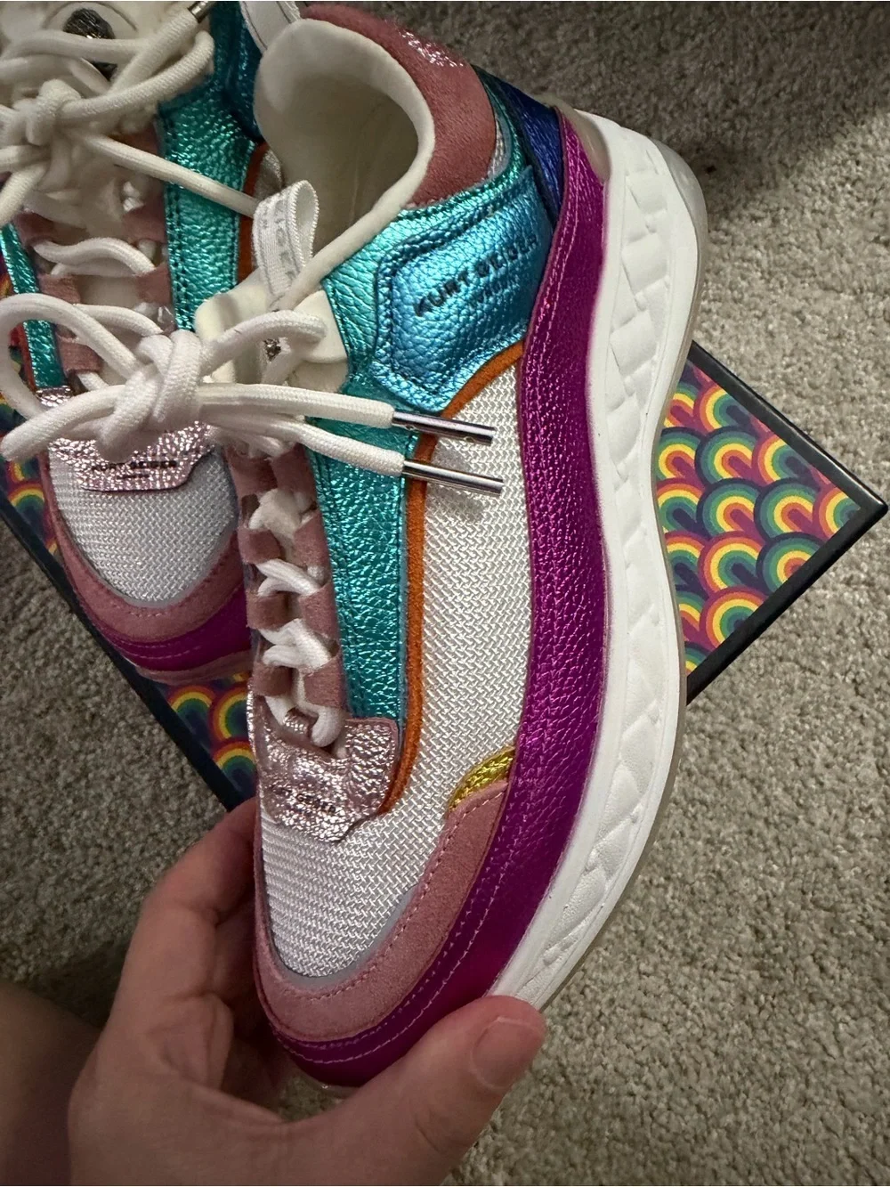 Kurt Geiger Colorblock Leather & Mesh Sneakers - White, Pink, Teal, Purple